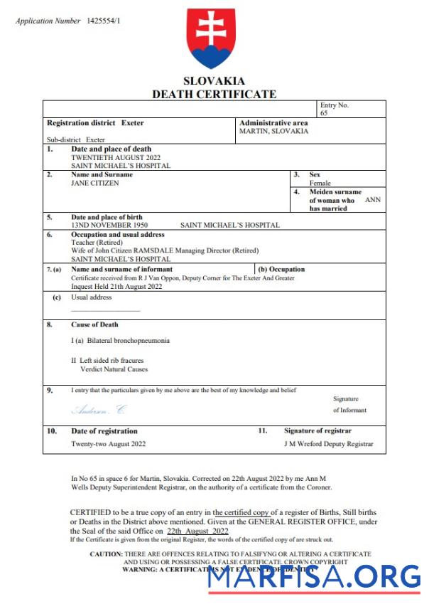 Downloadable Slovakia death certificate Word and PDF template